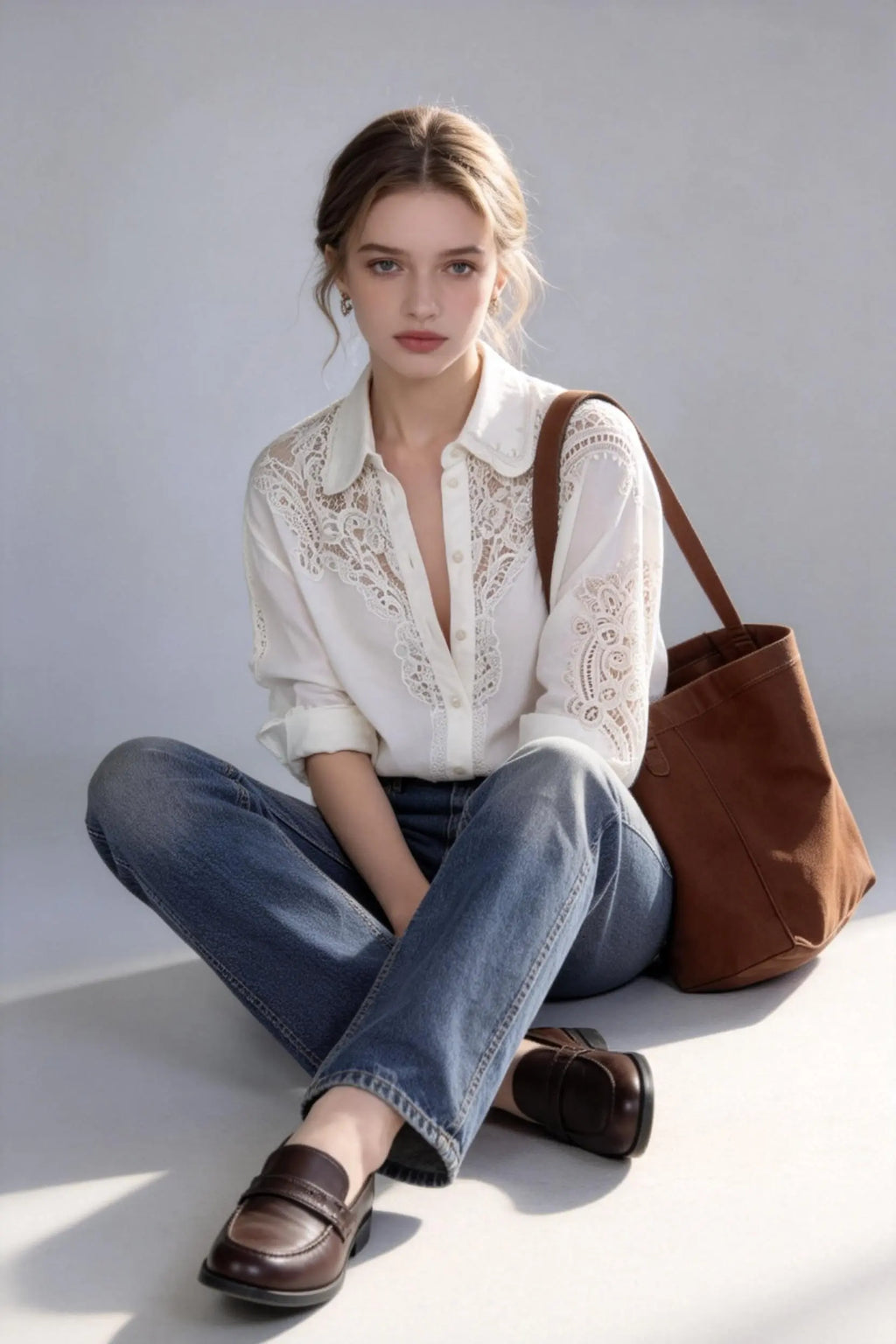 Woman wearing a white Vintage Lace-Trimmed Linen Blend Shirt - Elegant Long Sleeve Blouse, blue jeans, and carrying a brown bag on a plain background