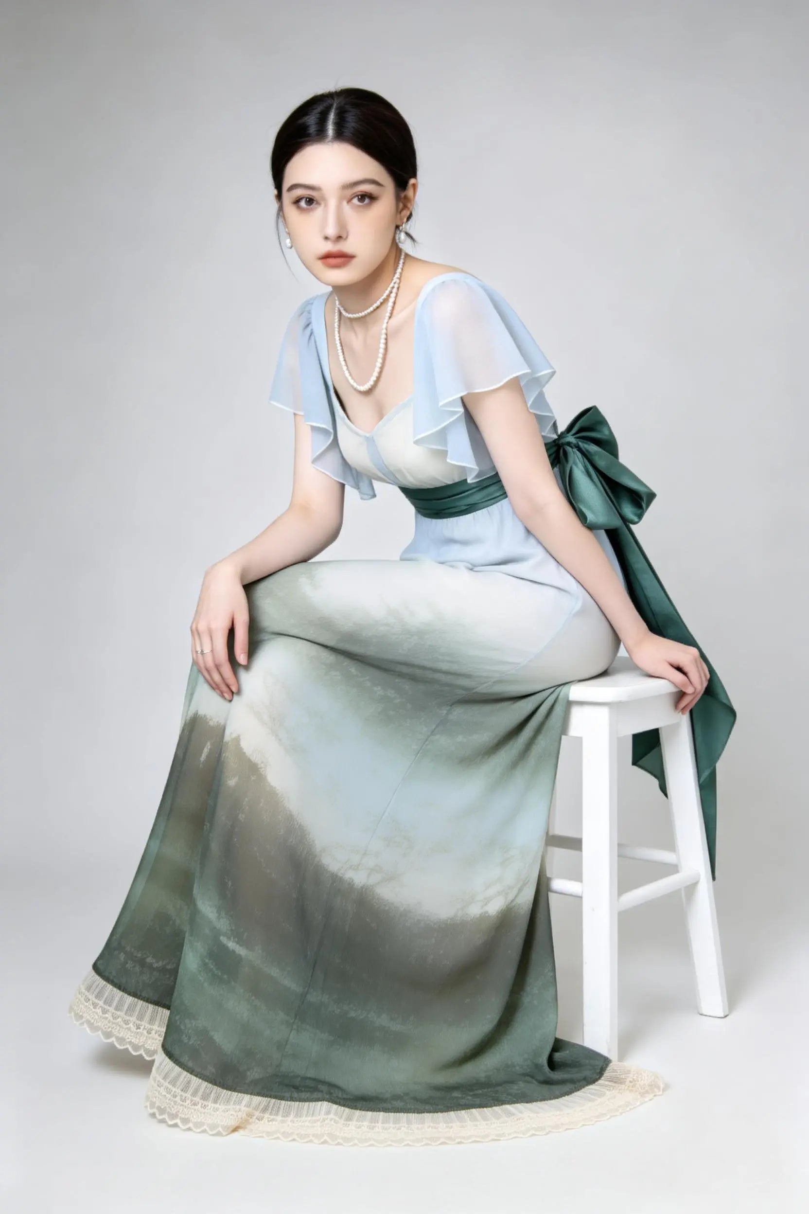 Woman wearing a green Vintage Ombr¨¦ Empire Waist Gown with Ruffled Sleeves and Back Bow on a gray background