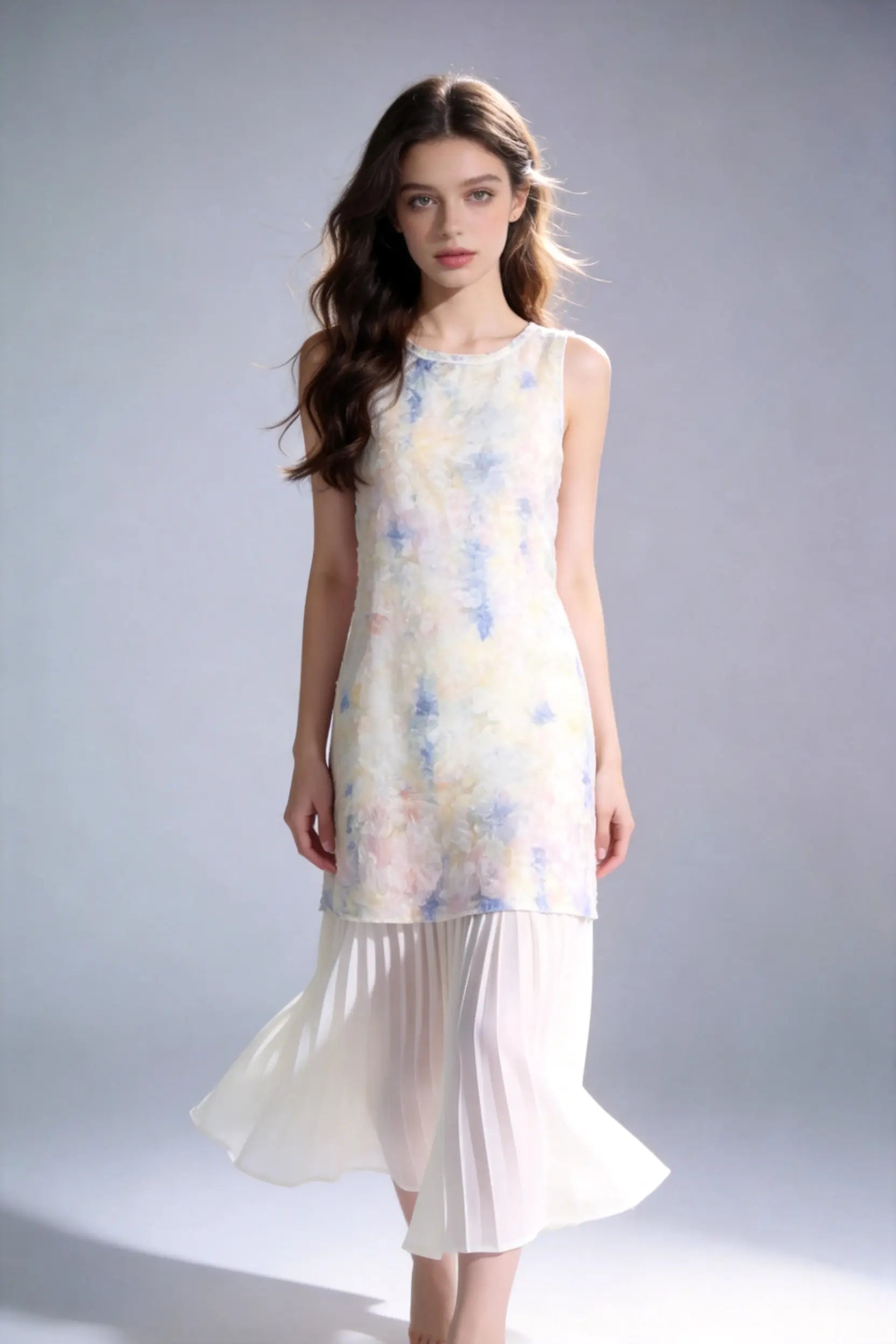 Woman wearing a Watercolor Print Sleeveless Midi Dress with Pleated Hem on a plain background