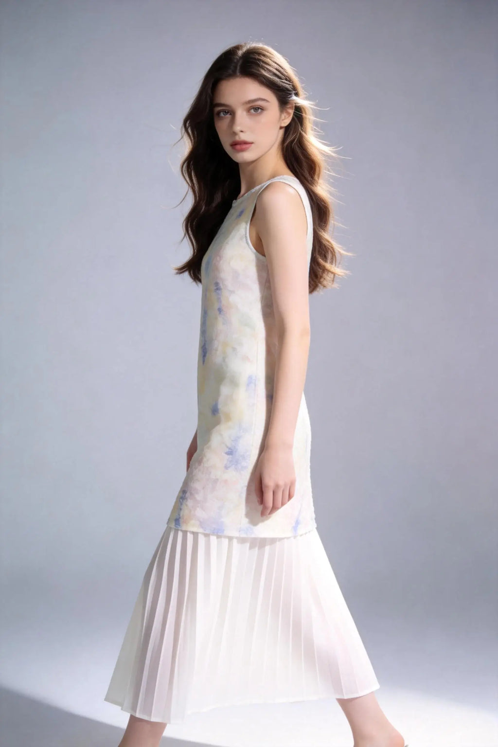 Woman wearing a Watercolor Print Sleeveless Midi Dress with Pleated Hem on a plain background