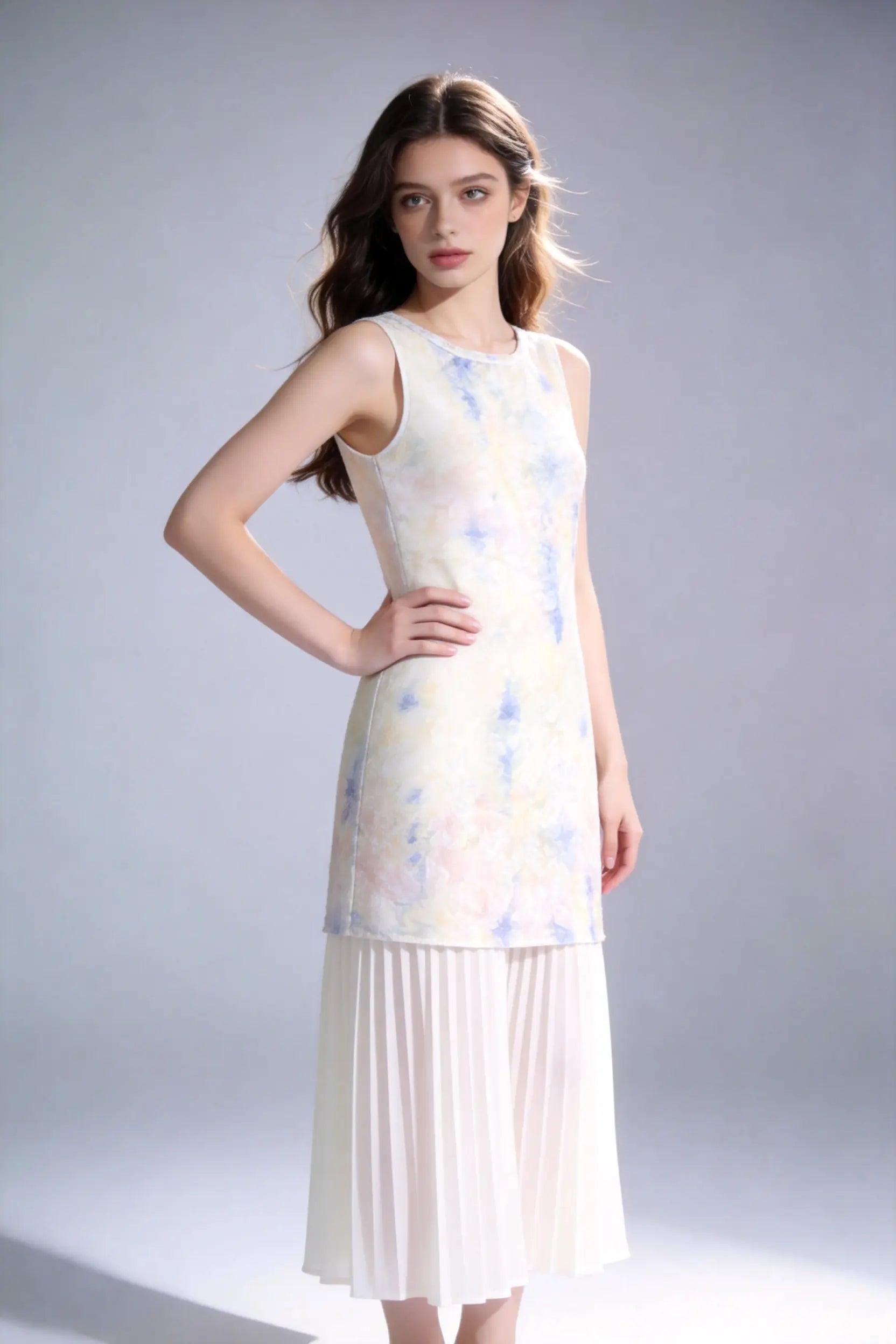 Woman wearing a Watercolor Print Sleeveless Midi Dress with Pleated Hem on a plain background