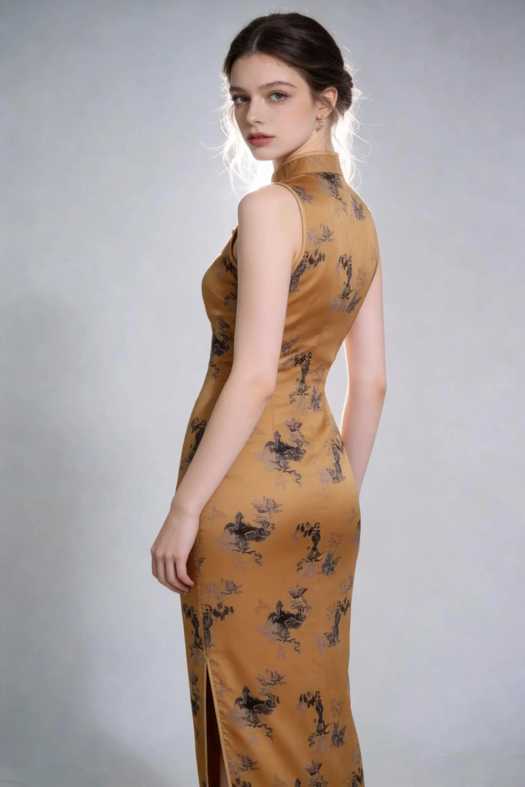Woman wearing a Vintage-Inspired Sleeveless Mandarin Collar Qipao Dress with Floral Print on a gray background