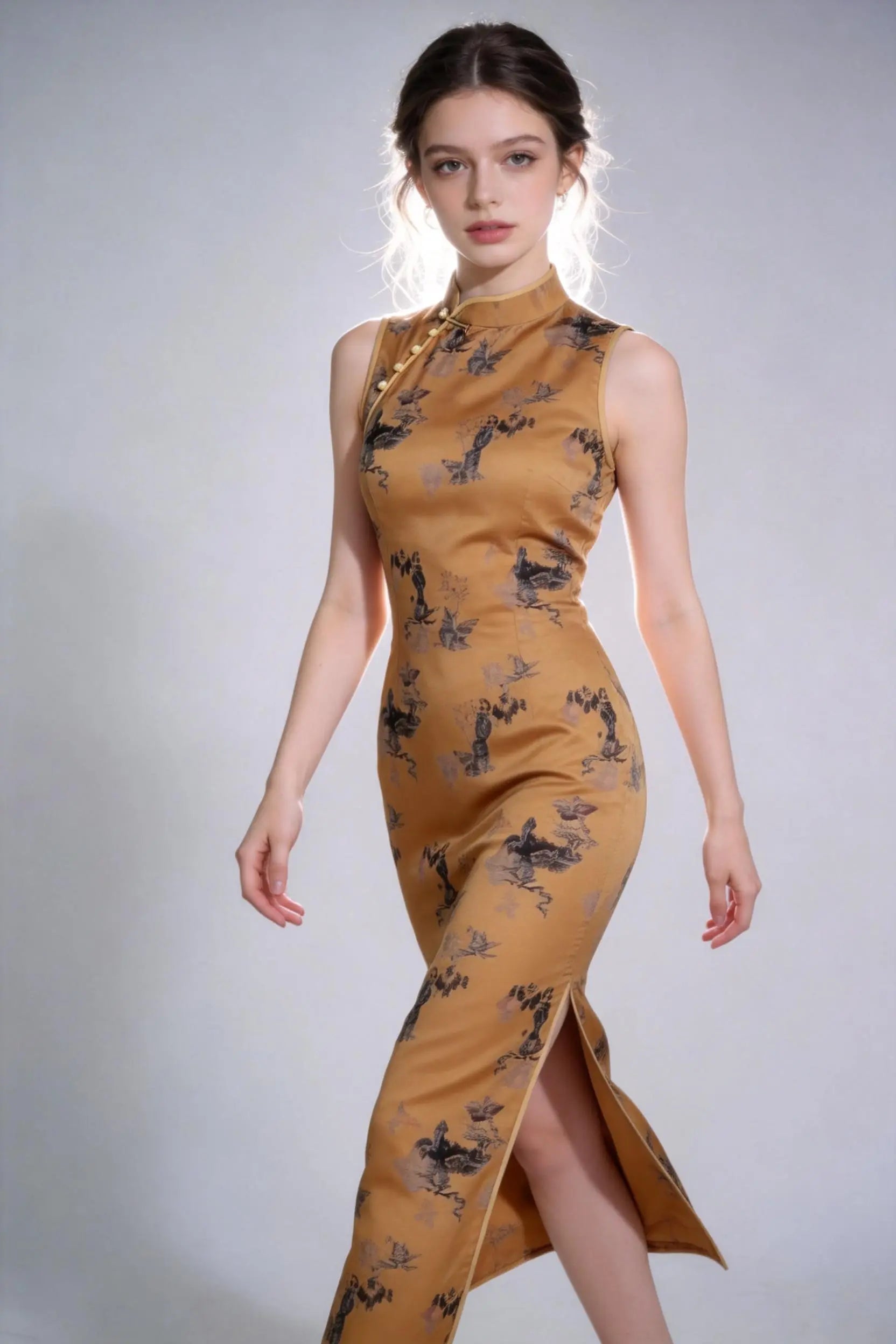 Woman wearing a Vintage-Inspired Sleeveless Mandarin Collar Qipao Dress with Floral Print on a gray background