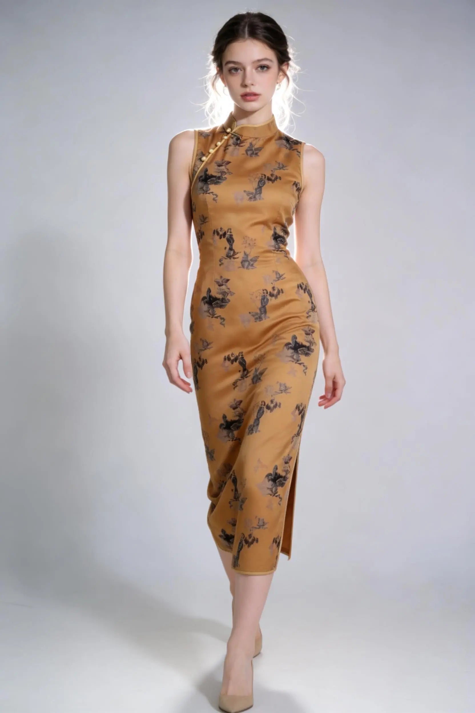 Woman wearing a Vintage-Inspired Sleeveless Mandarin Collar Qipao Dress with Floral Print on a gray background