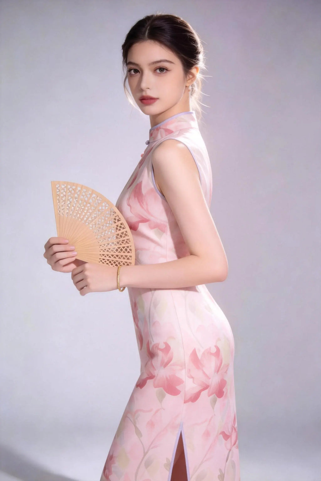 Woman in a elegant pink floral print sleeveless cheongsam dress holding a fan against a gray background