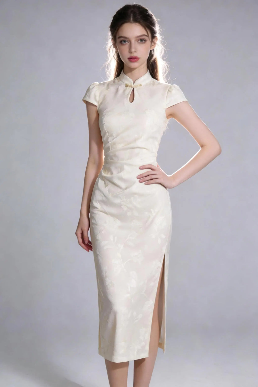 Woman wearing a vintage jacquard qipao dress - elegant mandarin collar cheongsam dress with a high slit on a plain background