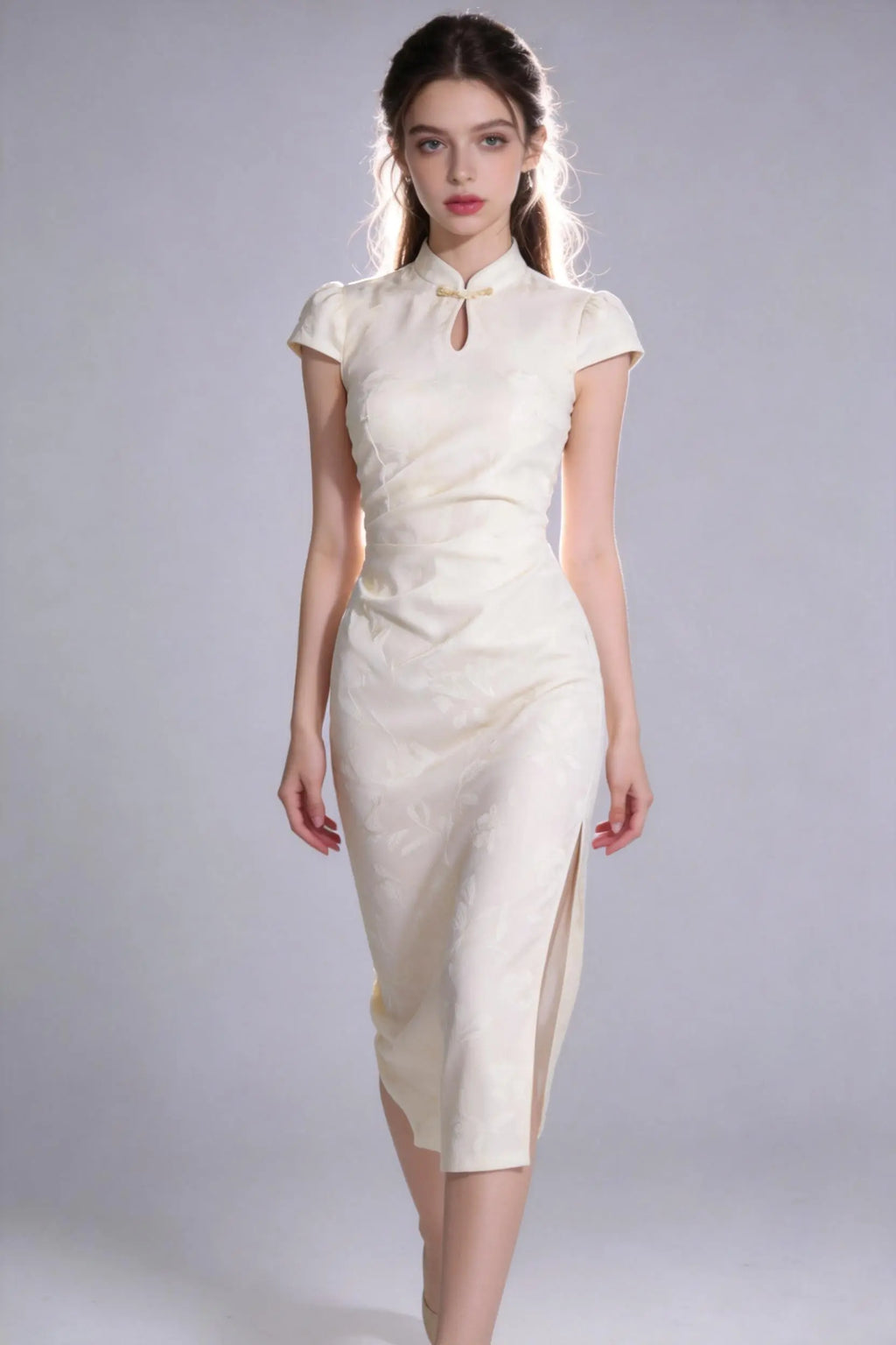 Woman wearing a vintage jacquard qipao dress - elegant mandarin collar cheongsam dress with a high slit on a plain background