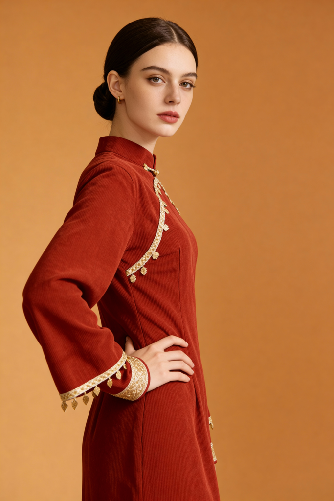 Winter Long Fleece-Lined Cheongsam Dress