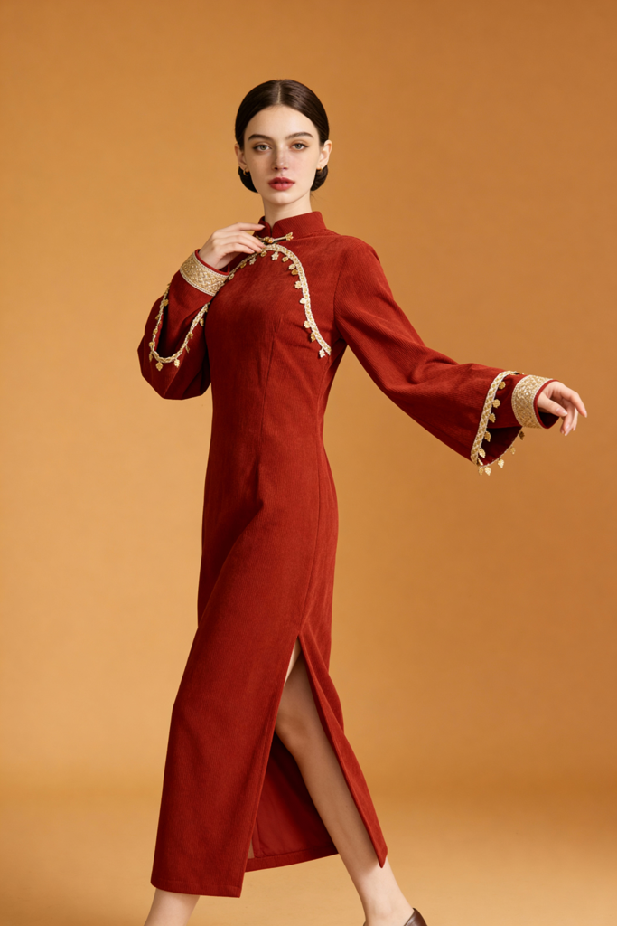 Winter Long Fleece-Lined Cheongsam Dress