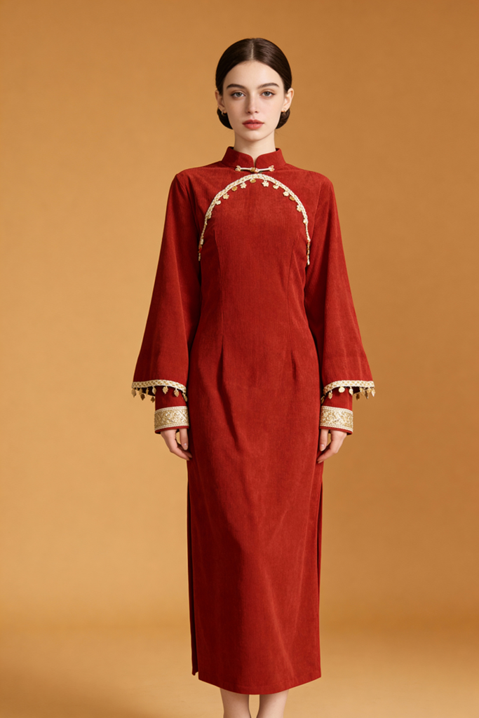 Winter Long Fleece-Lined Cheongsam Dress