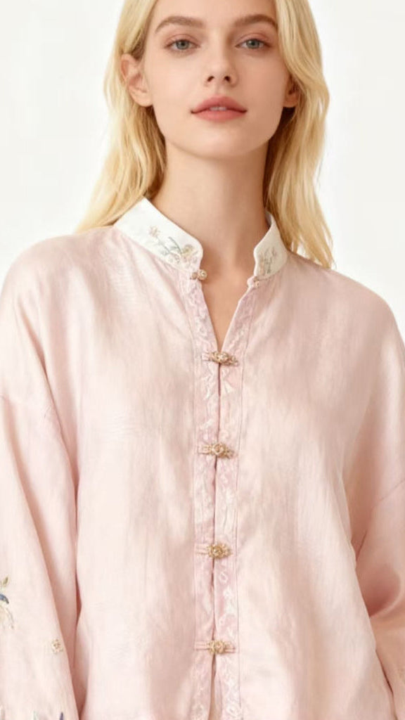 Autumn Embroidery Stand Collar Blouses
