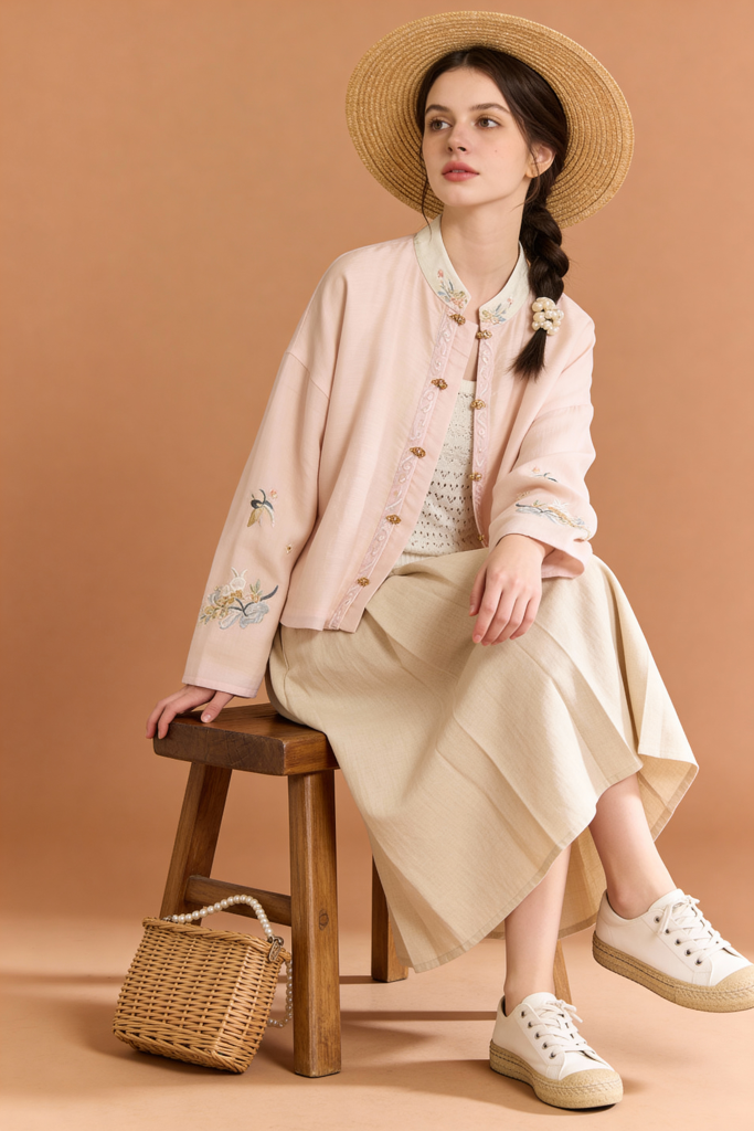 Autumn Embroidery Stand Collar Blouses