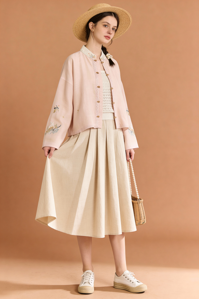 Autumn Embroidery Stand Collar Blouses