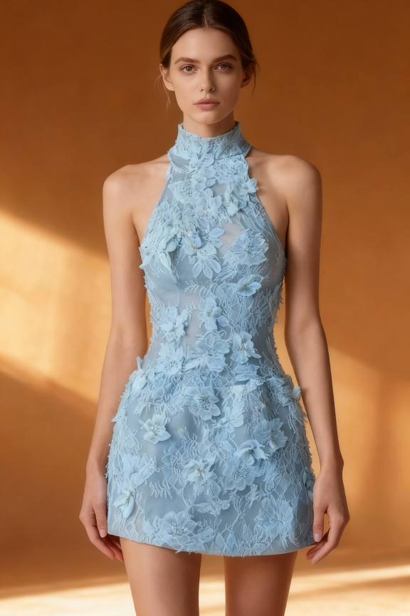 Light blue lace dress worn by a model against an orange background