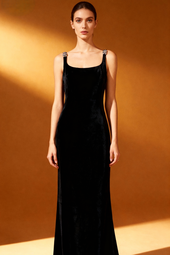 Woman wearing a black evening gown against a warm brown background