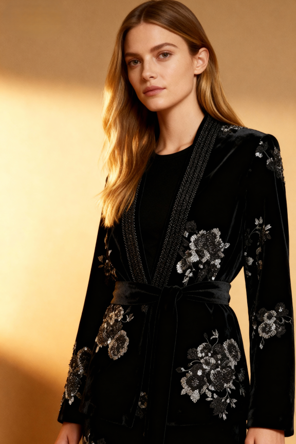 Woman wearing a black embroidered coat against a warm beige background