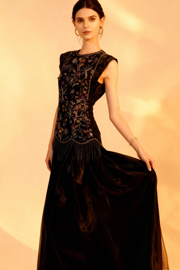 Woman wearing a black evening gown with intricate lace detailing on a beige background