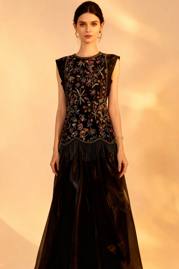 Woman wearing a black evening gown with intricate beading on a beige background