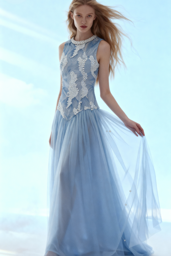 Woman wearing a light blue lace dress against a bright background