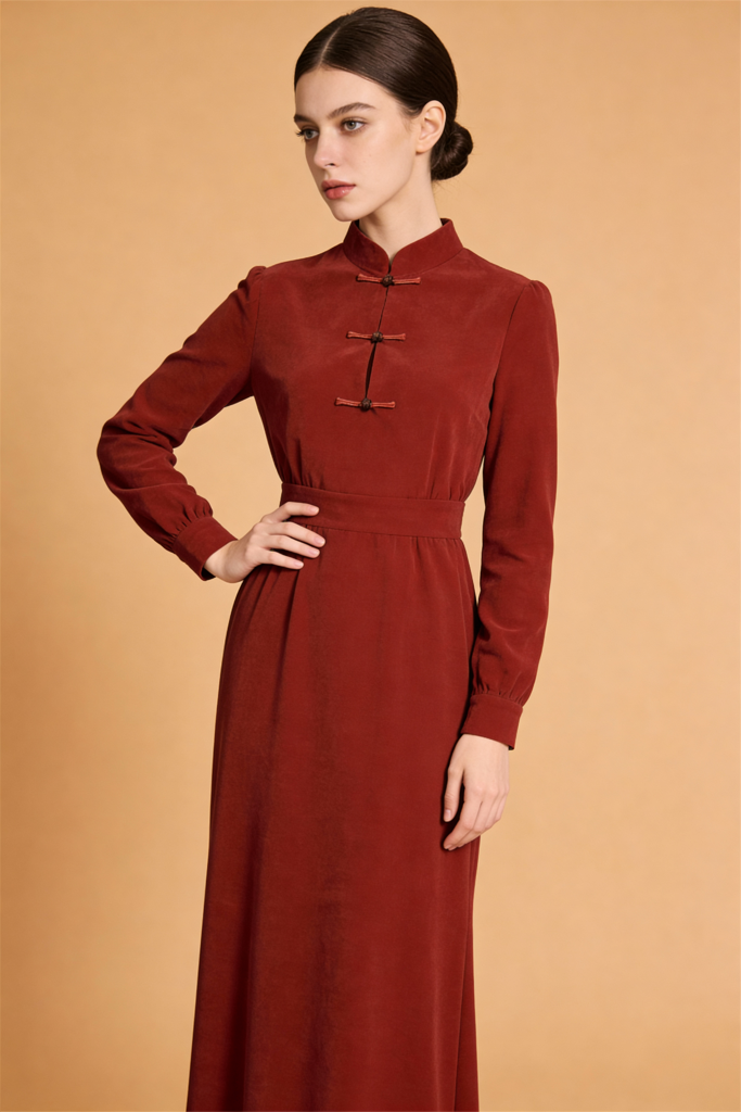 Winter Solid High Waist Midi Stand Collar Dresses