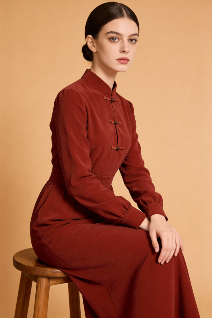 Winter Solid High Waist Midi Stand Collar Dresses