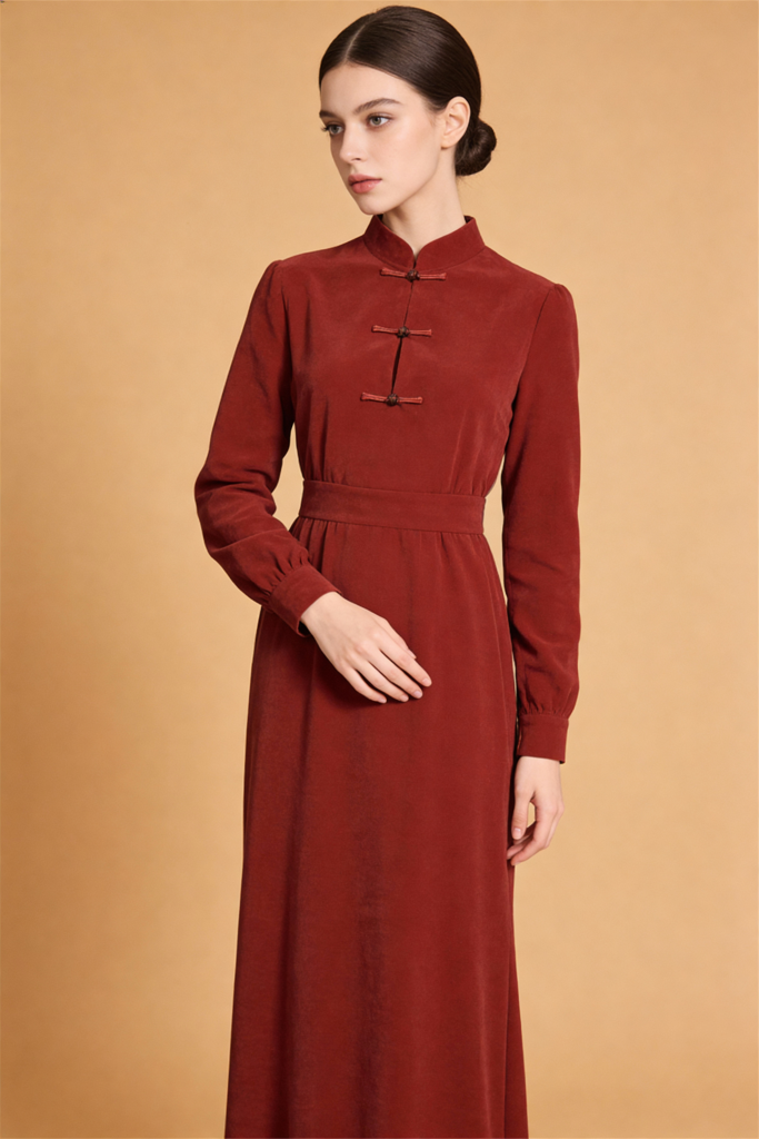 Winter Solid High Waist Midi Stand Collar Dresses