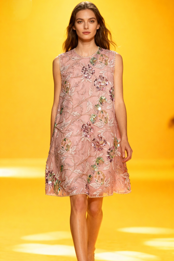 Woman wearing a pink floral dress on a yellow background