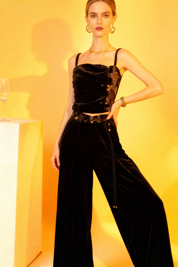 woman wearing a black velvet top and wide-leg pants against a yellow background