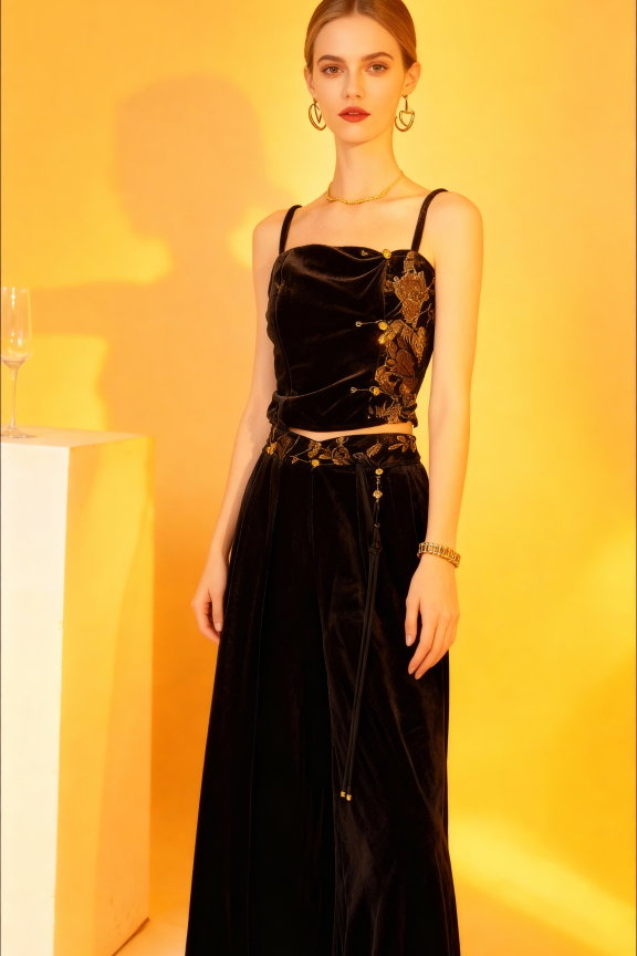 Woman wearing a black dress with gold embroidery against a yellow background