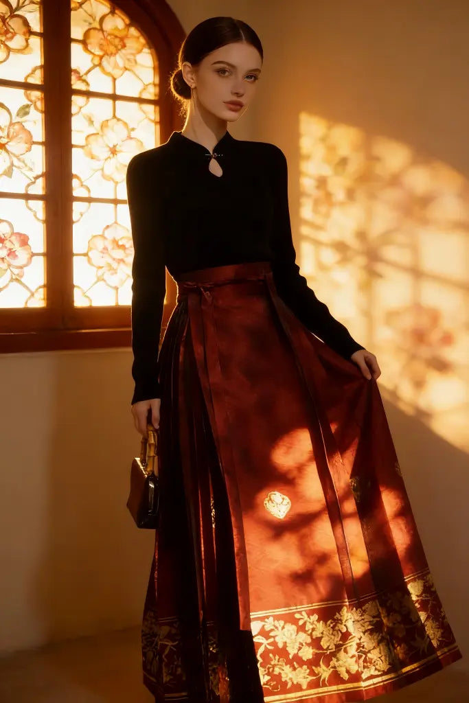Woman wearing a black top and red patterned skirt standing in a room with warm lighting.
