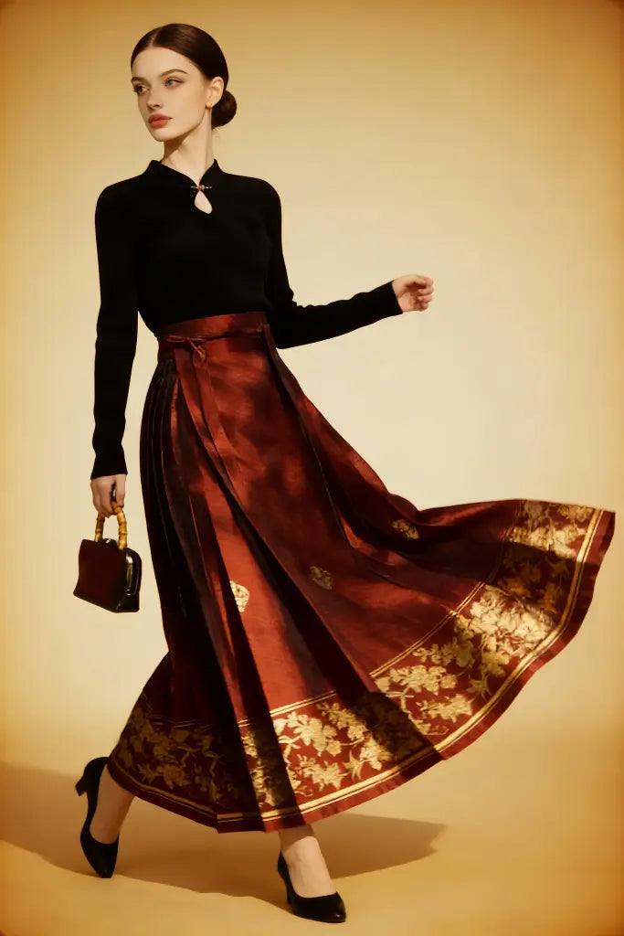 Woman wearing a black top and red floral skirt with a beige background