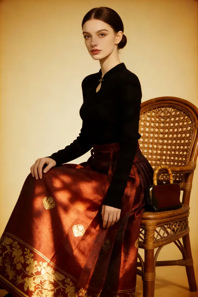 Woman in a black top and red patterned skirt sitting on a wicker chair against a beige wall.