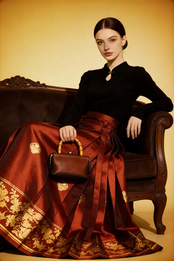 Woman in a black top and red skirt holding a brown handbag on a wooden chair.