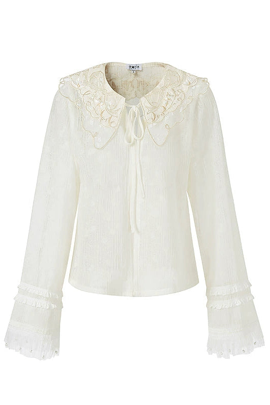 New Chinese Style Embroidered Doll Collar Shirt Gentle Girlish Flare Sleeve Top