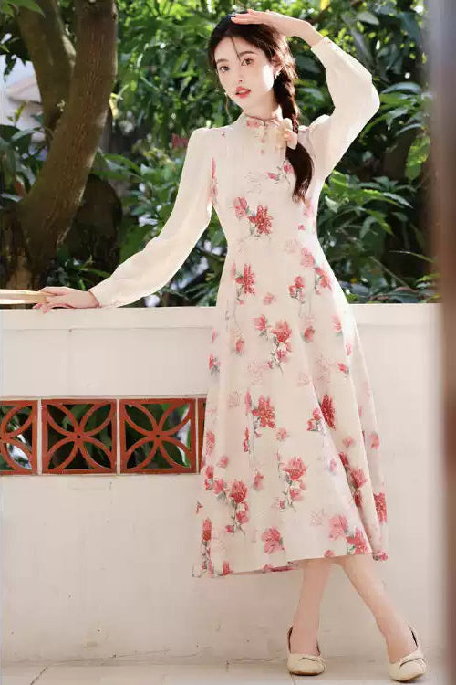 Elegant Chinese Qipao Dress - Floral Print Long Sleeve Midi Dress with Stand Collar
