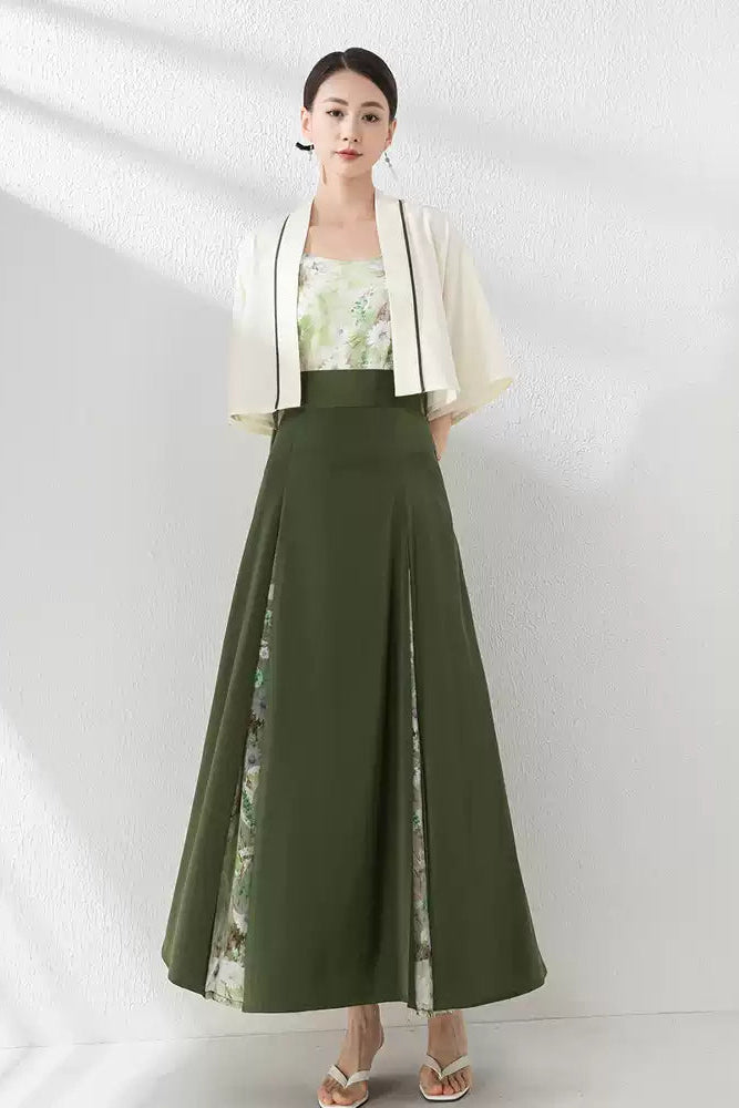 Woman wearing Modern Chinese Hanfu 3-Piece Set - Green Song Dynasty Style Short Jacket with Floral Print Panel and Pleated Skirt - Traditional Fusion Fashionon a white background