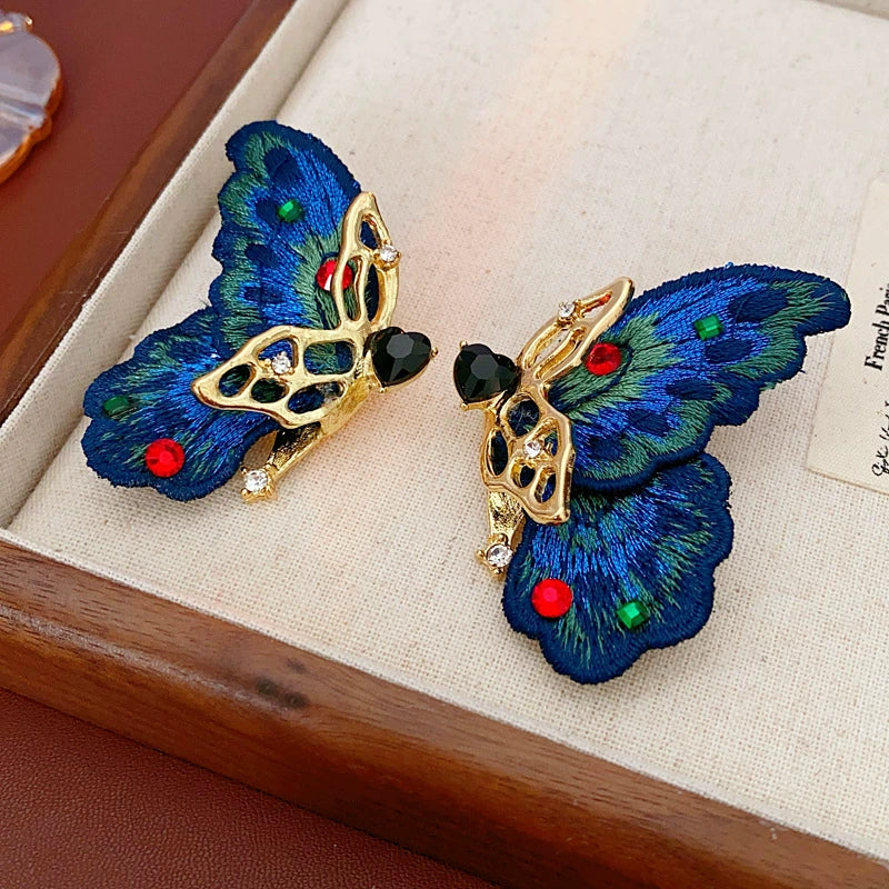 Vintage Blue Butterfly Embroidered Crystal Earrings