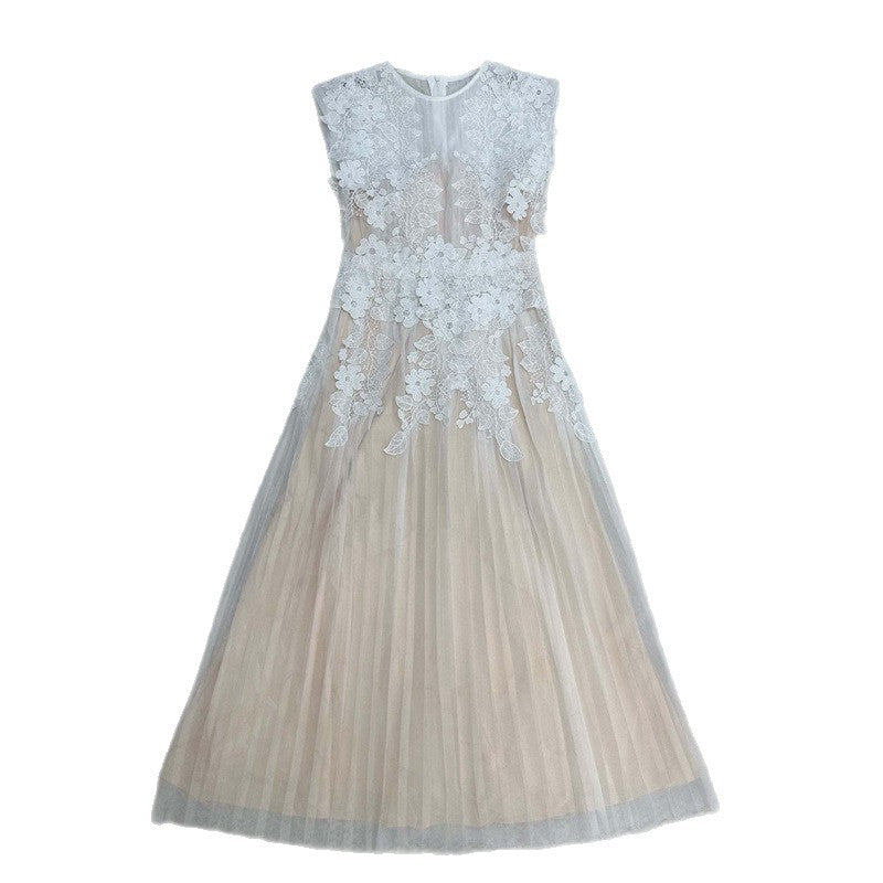 Model wearing champagne sheer lace embroidery tulle midi dress