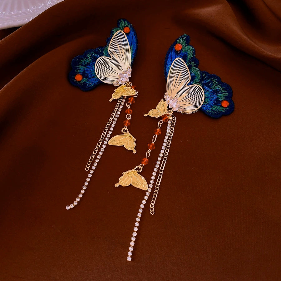 Vintage Blue Butterfly Embroidered Crystal Earrings