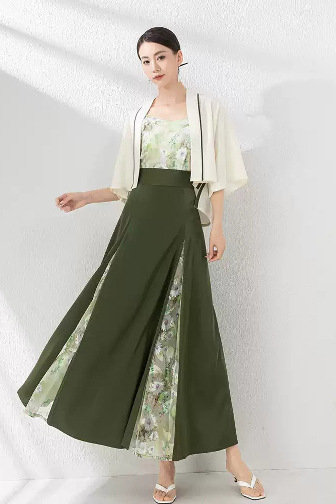 Woman wearing Modern Chinese Hanfu 3-Piece Set - Green Song Dynasty Style Short Jacket with Floral Print Panel and Pleated Skirt - Traditional Fusion Fashionon a white background