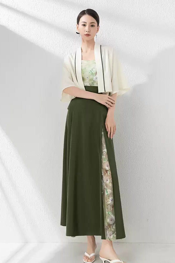Woman wearing Modern Chinese Hanfu 3-Piece Set - Green Song Dynasty Style Short Jacket with Floral Print Panel and Pleated Skirt - Traditional Fusion Fashionon a white background