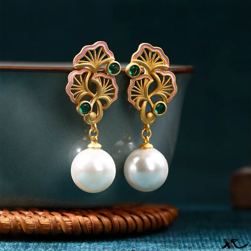 New Chinese Style Ginkgo Leaf Enamel Dangle Earrings