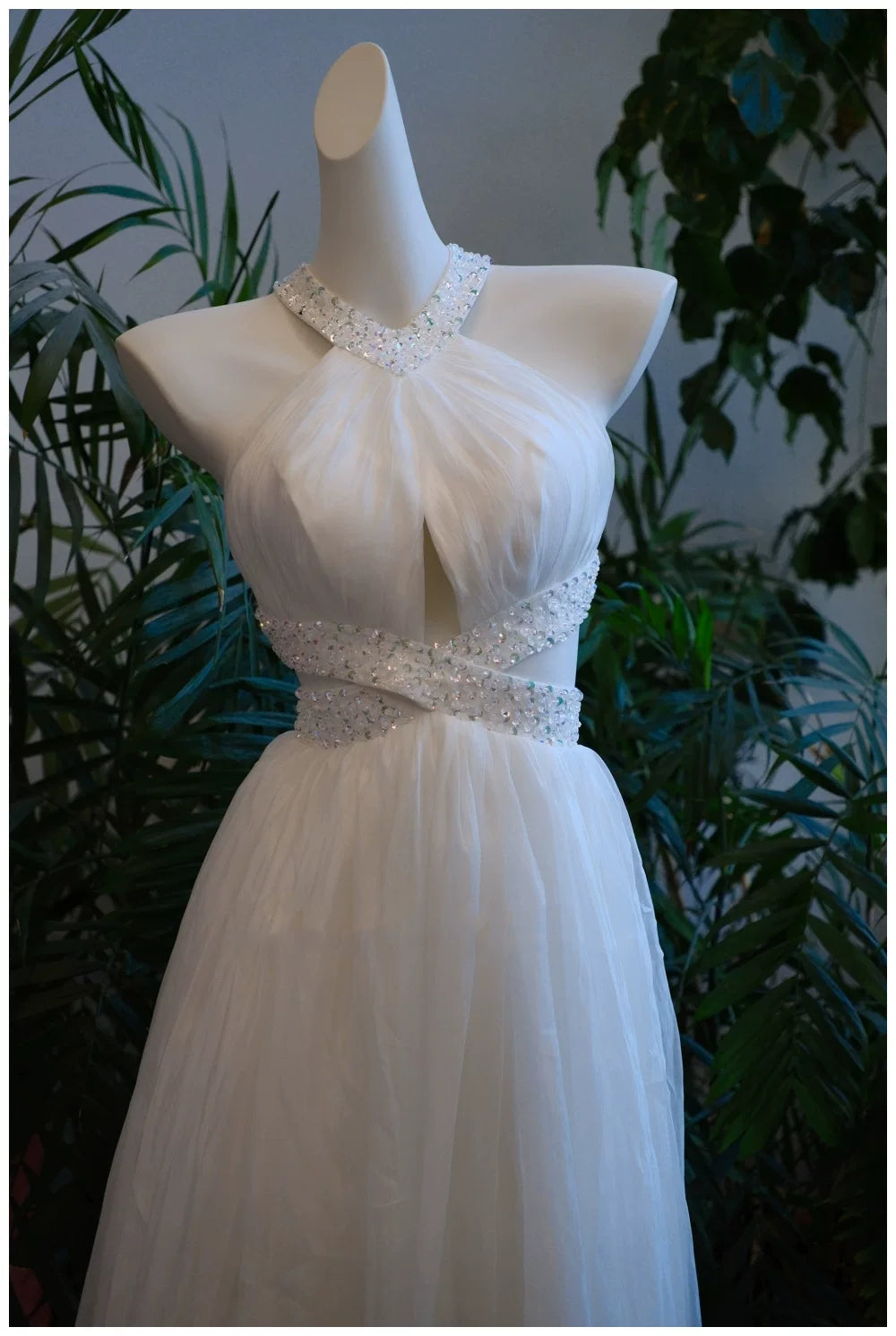 White Beaded Halter Neck Backless Maxi Dress