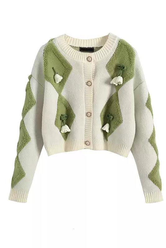 Green and white patterned sweater with decorative elements on a white background