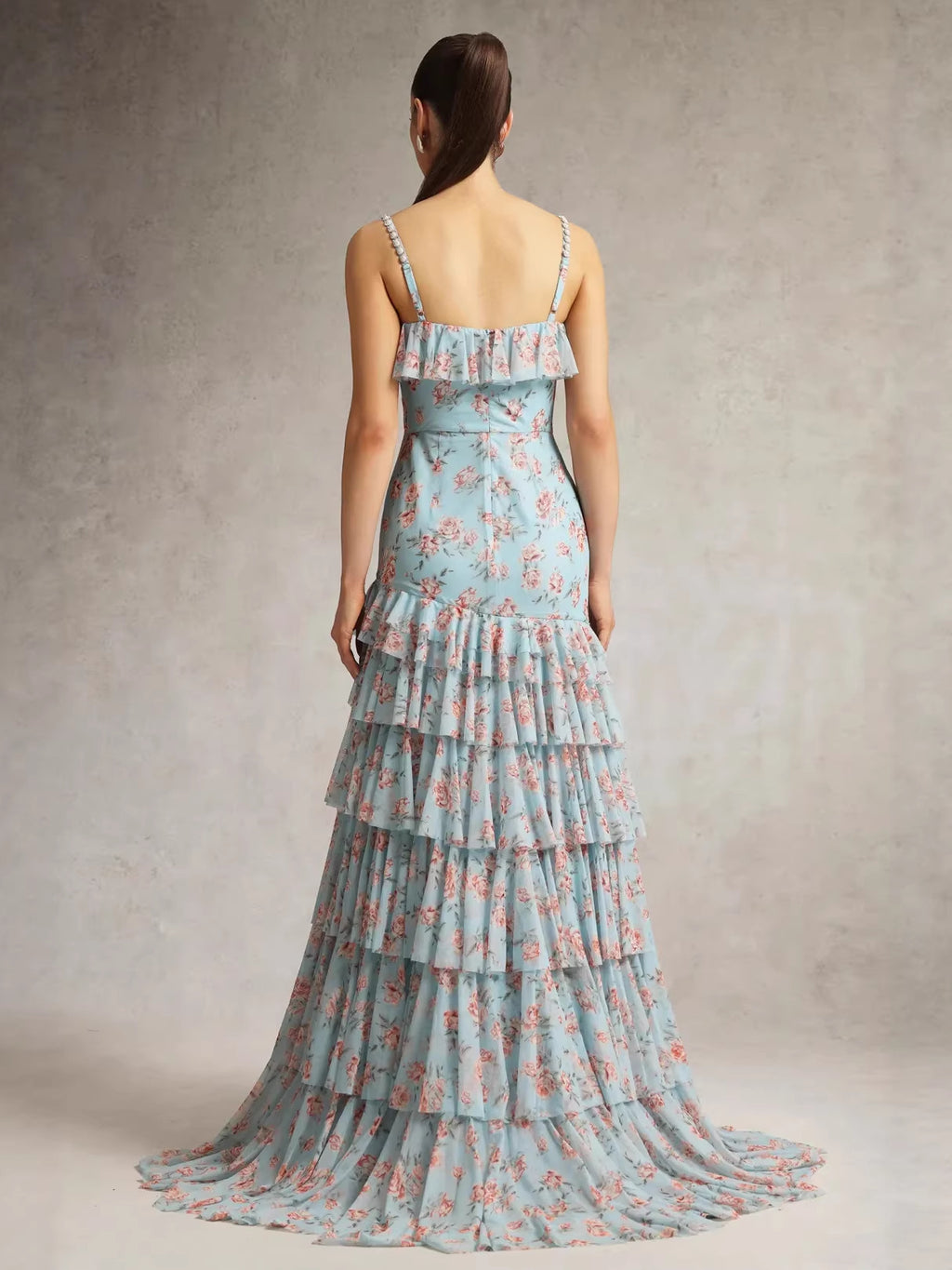 Floral Ruffle Rhinestone Strap Midi Dress