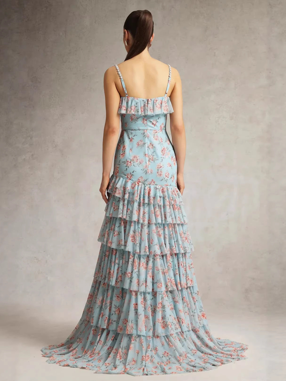 Floral Ruffle Rhinestone Strap Midi Dress