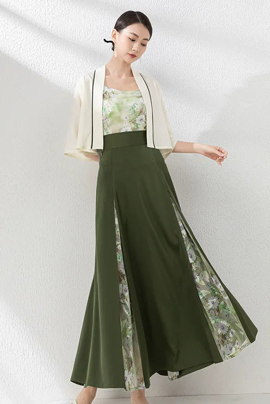Woman wearing Modern Chinese Hanfu 3-Piece Set - Green Song Dynasty Style Short Jacket with Floral Print Panel and Pleated Skirt - Traditional Fusion Fashionon a white background
