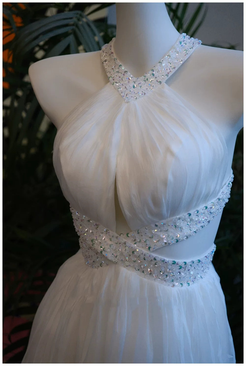 White Beaded Halter Neck Backless Maxi Dress
