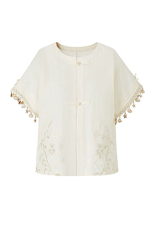 New Chinese Style Embroidered Button Top Gentle Temperament Tassel Short Sleeve Shirt