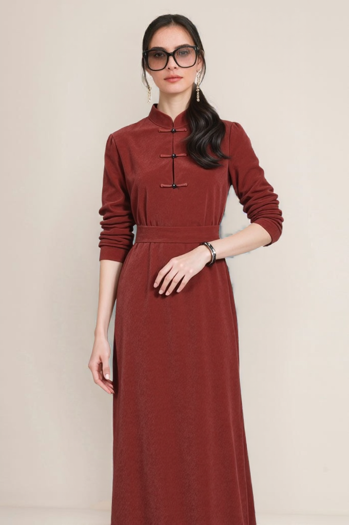Winter Solid High Waist Midi Stand Collar Dresses